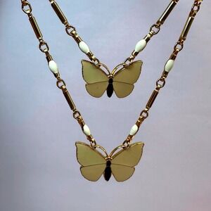 Napier Womens Double Strand Butterfly Necklace Gold Tone Cream Enamel Vintage